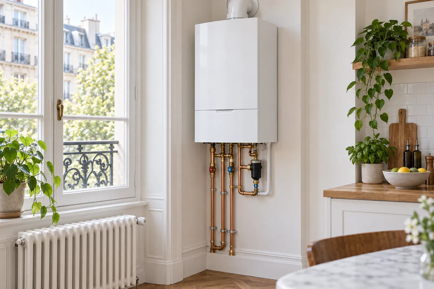 Chaudière gaz murale entretenue, raccordements en cuivre visibles, dans un appartement des Hauts-de-Seine