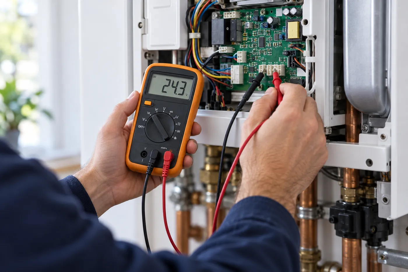 Mesure au multimètre sur la carte électronique d'une chaudière gaz à Asnières-sur-Seine